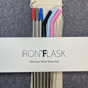 Iron Flask Stainless Steel Straw Set 6pk Reusable Metal Straws w/ Silicone Tips